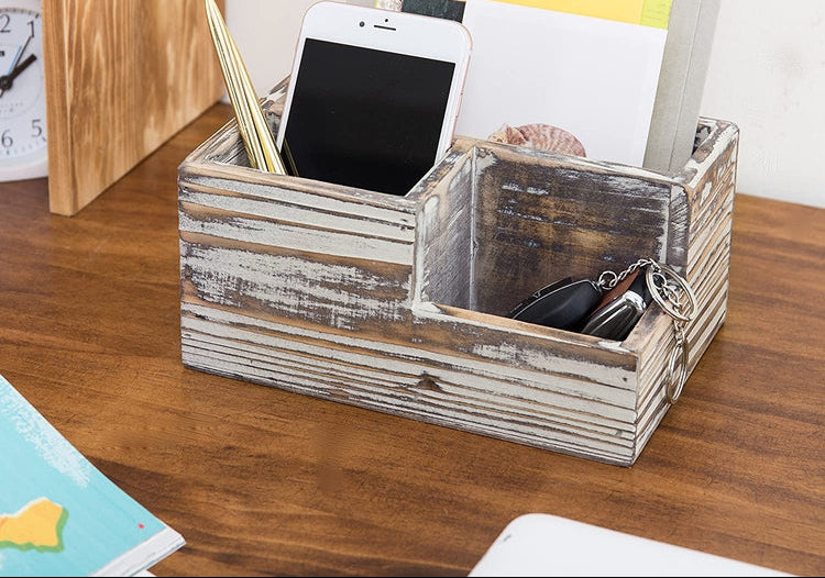 Torched Wood 3-Compartment Desktop Stationary Organizer, Remote Control and Media Storage Holder