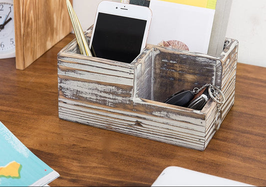 Torched Wood 3-Compartment Desktop Stationary Organizer, Remote Control and Media Storage Holder