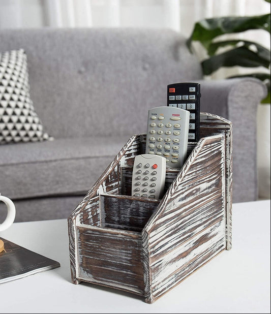 4-Slot Torched Wood Remote Control Storage Caddy