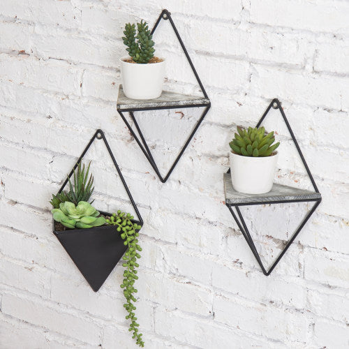 Diamond-Shaped Wall-Mounted Metal Shelves & Planter, 3-Piece Set