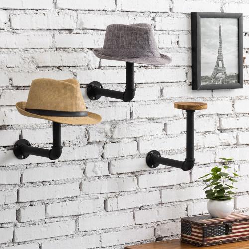 Metal Pipe & Wood Wall Mounted Hat & Wig Holder, Set of 3