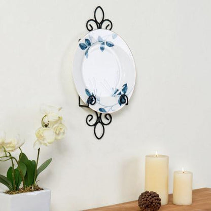 Vintage Plate Holder Rack with Black Metal Scrollwork