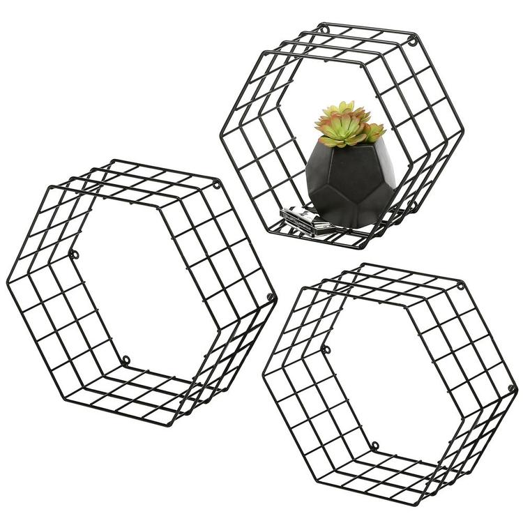 Metal Wire Hexagon Design Wall-Mounted Shelves, Set of 3, Black