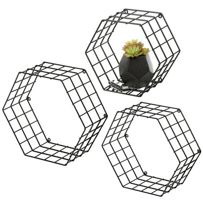 Metal Wire Hexagon Design Wall-Mounted Shelves, Set of 3, Black