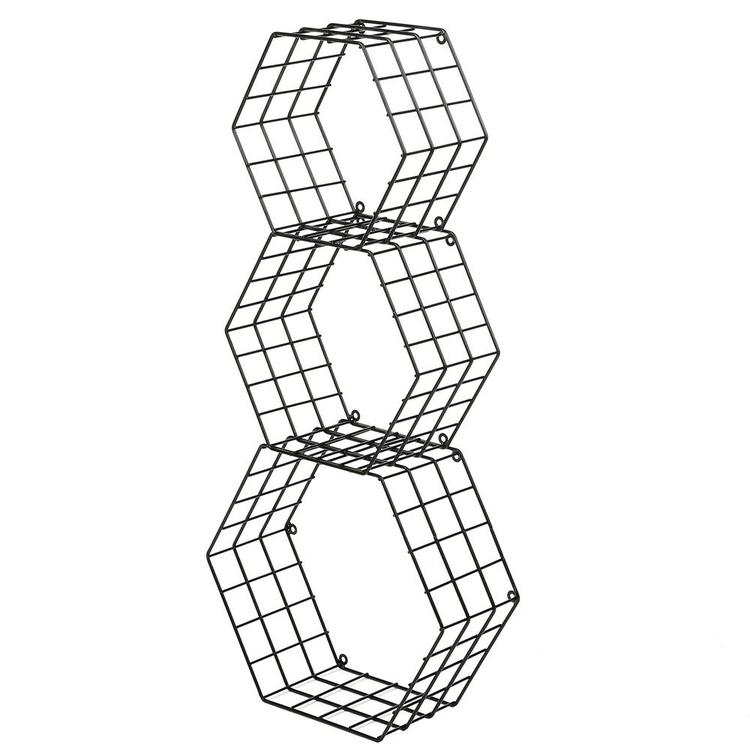 Metal Wire Hexagon Design Wall-Mounted Shelves, Set of 3, Black