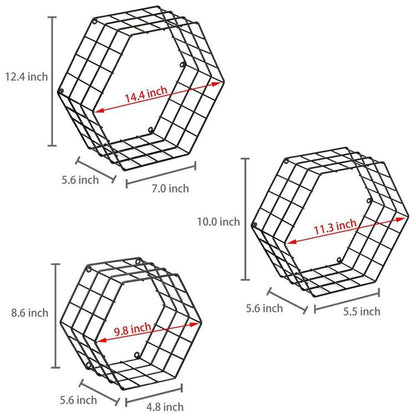 Metal Wire Hexagon Design Wall-Mounted Shelves, Set of 3, Black