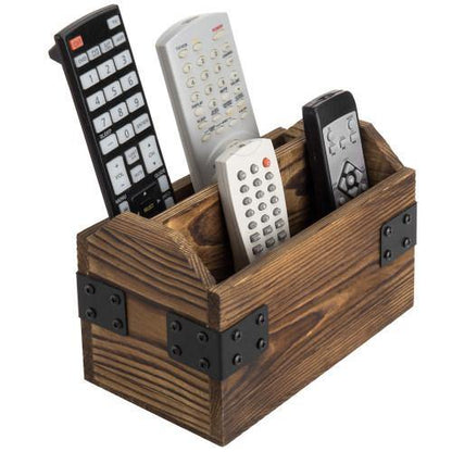 Rustic Dark Brown Burnt Solid Wood Remote Control Holder w/ Metal Accents