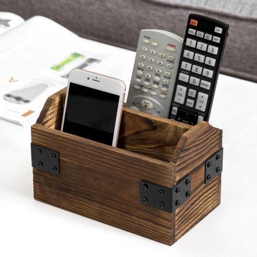 Rustic Dark Brown Burnt Solid Wood Remote Control Holder w/ Metal Accents