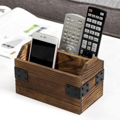 Rustic Dark Brown Burnt Solid Wood Remote Control Holder w/ Metal Accents