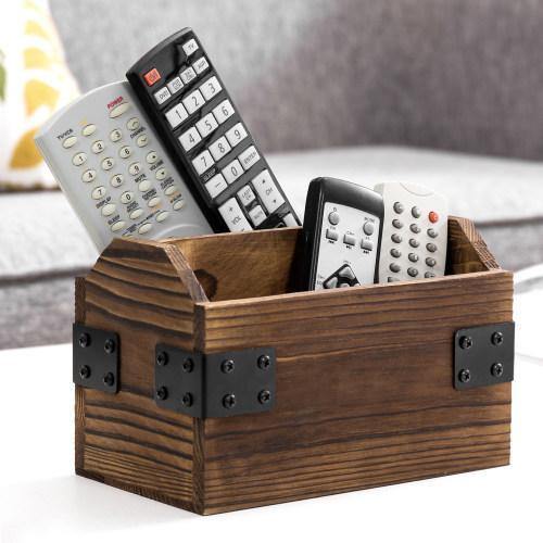 Rustic Dark Brown Burnt Solid Wood Remote Control Holder w/ Metal Accents
