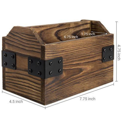 Rustic Dark Brown Burnt Solid Wood Remote Control Holder w/ Metal Accents