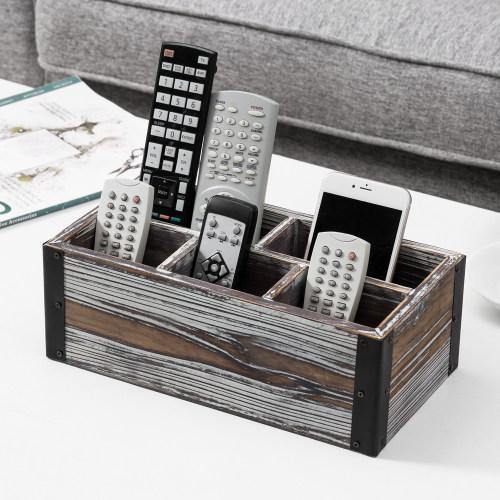 Rustic Torched Wood Remote Control Organizer